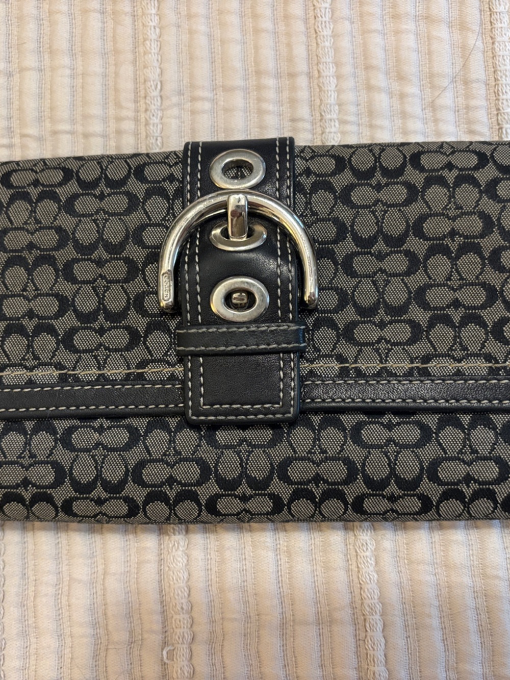 Coach Black Signature Canvas Clutch Wallet with Silver Buckle